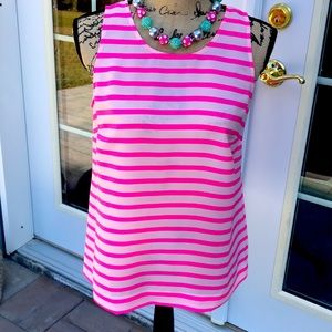J Crew sleeveless hot pink and white blouse.